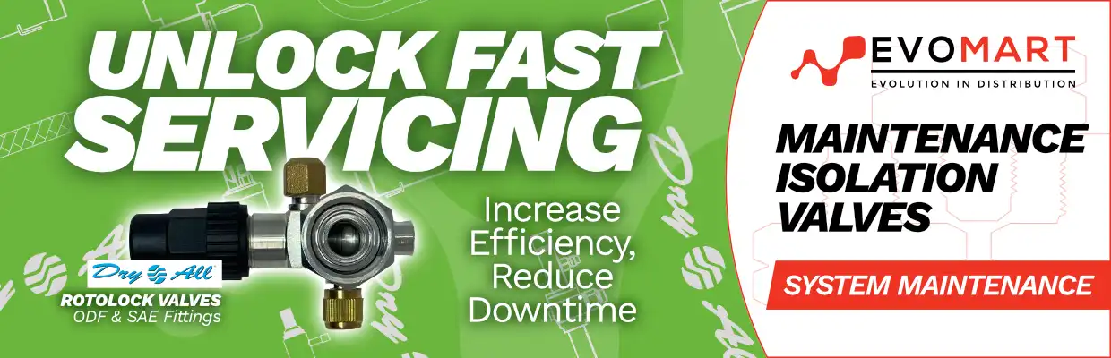 Image of Dry All Rotolock Valve with captions: Unlock fast servicing. Increase efficiency, reduce downtime. Rotolock Valves ODF & SAE Fittings. Maintenance Isolation Valves. System Maintenance.