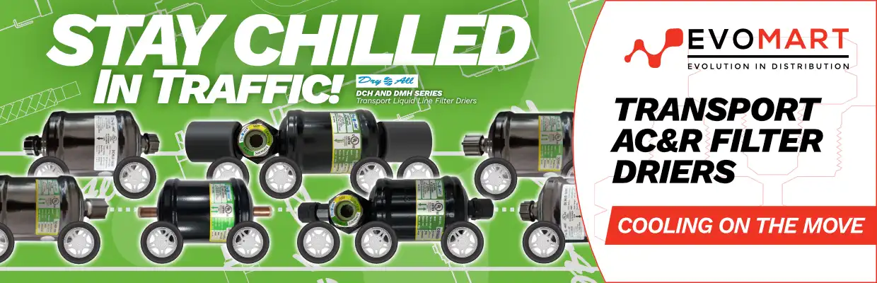 Images of Dry All Transport Filter Driers, arranged as if driving along a road, with captions: Stay Chilled in Traffic! DCH and DMH series Transport Refrigeration Liquid Line Filter Driers. Transport AC&R Filer Driers. Cooling on the move.