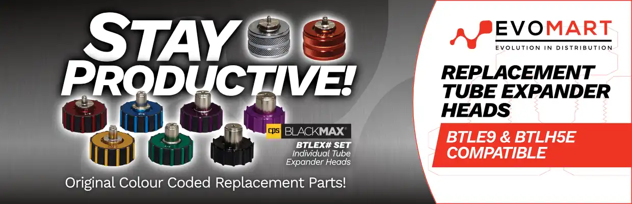 Image of CPS BlackMax BTLE Individual Replacement Tube Expander Heads, with captions: Stay Productive! Original colour coded replacement parts! Replacement tube expander heads. BTLE9 and BTLH5E compatible.