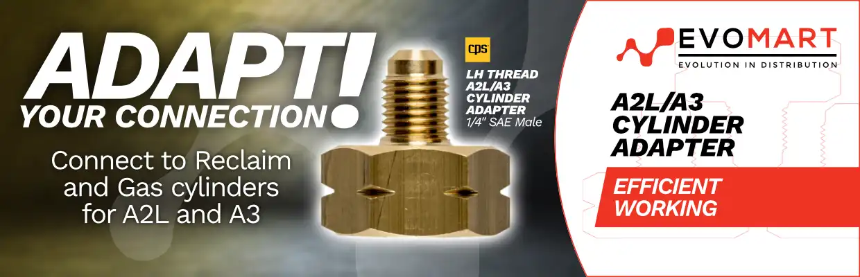 Image of the CPS A15 Left Hand Thread Adapter, with captions: Adapt your connection! Connect to Reclaim and Gas cylinders for A2L and A3. A2L/A3 cylinder adapter. LH Thread A2L/A3 cylinder adapter 1/4