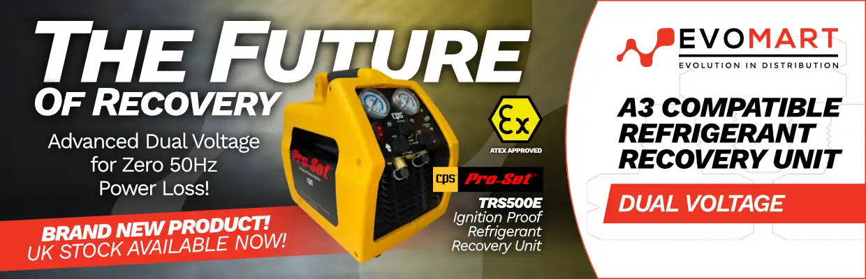 Image of the CPS Pro-Set TRS500E refrigerant recovery unit, with captions: The future of recovery. Advanced dual voltage for zero 50Hz power loss! Brand new product! UK Stock available now! A3 compatible refrigerant recovery unit. Dual voltage switchable.