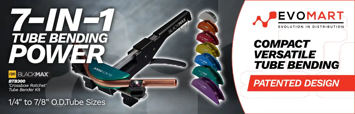 Image of the CPS BlackMax BTB300 'crossbow ratchet' Tube Bender Kit, with captions: 7-in-1 tube bending power. One quarter inch to seven eights inch outer diameter tube sizes. Compact versatile tube bending. Patented design.