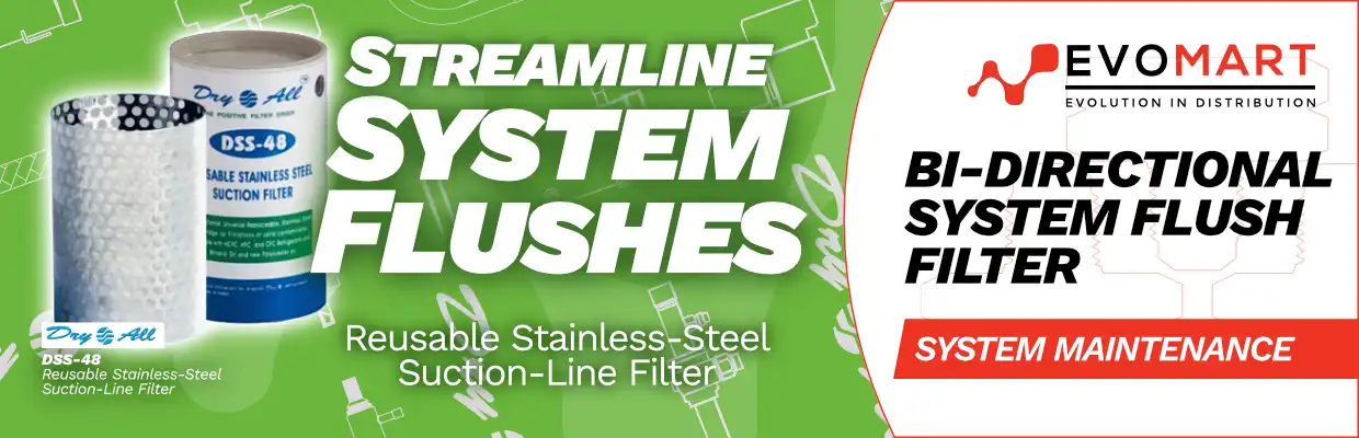 Image of the Reusable DSS-48 Suction-Line Filter from Dry All, with captions: Streamline System Flushes. Reusable Stainless Steel Suction Line Filter. Bi-Directional System Flush Filter. System Maintenance.