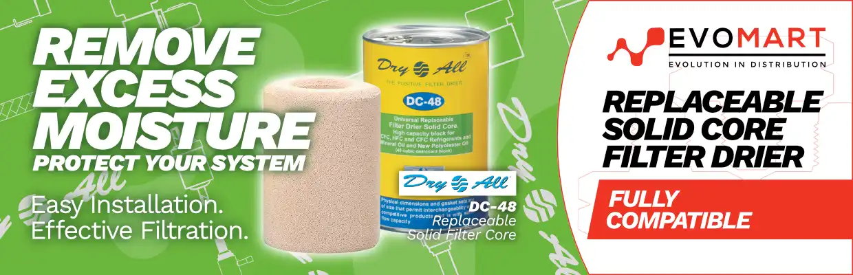 Image of the Dry All Dry All DC-48 Replaceable Solid Filter Core with captions: Remove excess moisture. Protect your system. Easy installation. Effective filtrations. Replaceable solid core filter drier. Fully compatible.