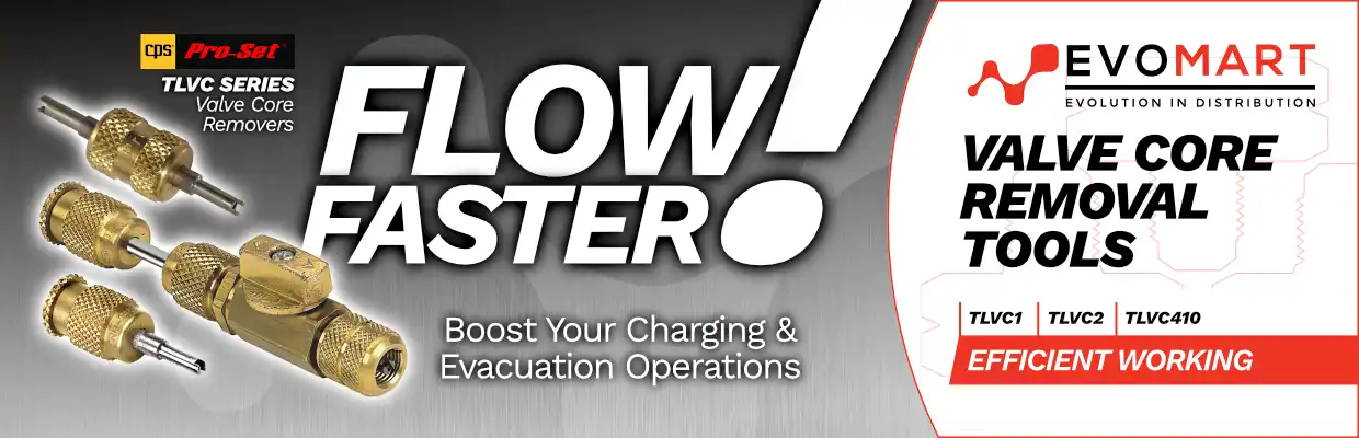 Images of the CPS Pro-Set TLVC1, TLVC2 and TLVC410 valve core removers, with captions: Flow Faster! Boost your charging and evacuation operations. Valve core removal tools. Efficient working.